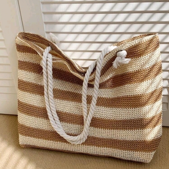 Striped woven  Straw‎ Tan and White Tote Bag For Women For Summer Beach - Picture 1 of 5